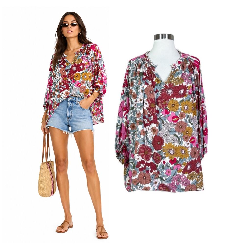 Entro | Floral Print Colorful Pink Red White Flowy Soft Boho Peasant Blouse Top